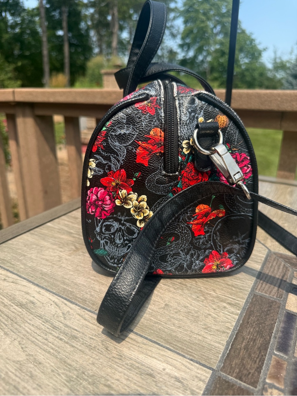 EUC Loungefly Black Floral Skull Mini Satchel with Red & Pink Roses - Picture 6 of 11